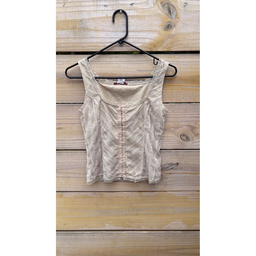 Silvergate Beige Mesh Corset Tank Top Hook Eye Sequin Ruffle Large N969